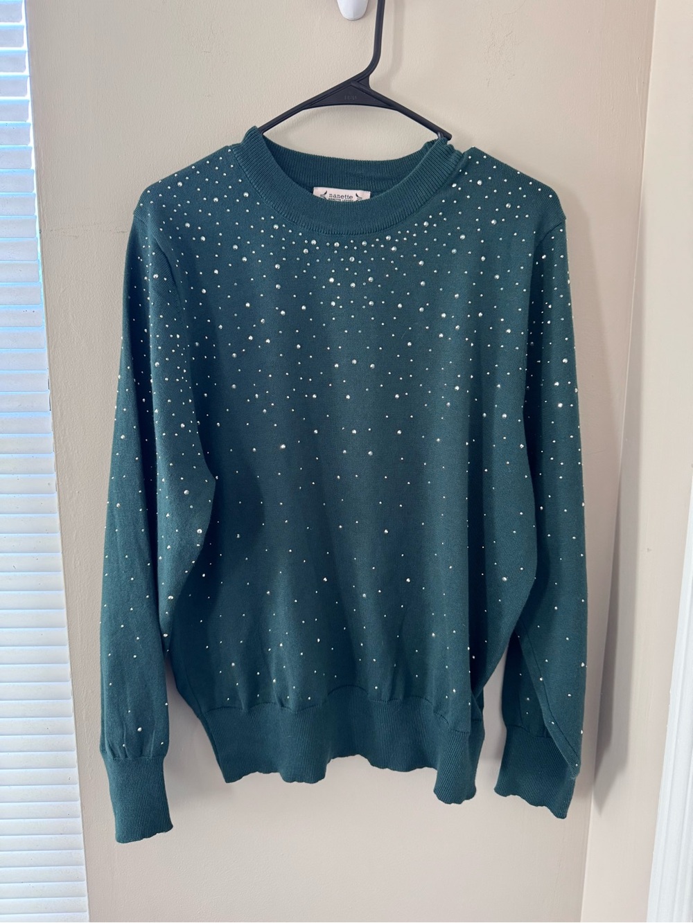 NANETTE LEPORE XL Emerald Green Rhinestone Rayon Nylon Knit Sweater Crewneck